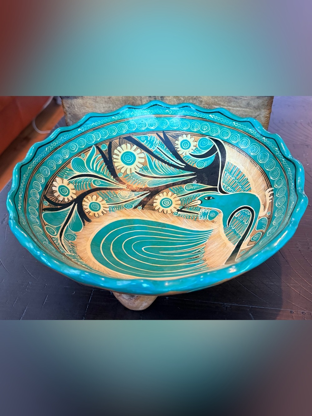 Vintage Hand-Painted Mexican Folk Art Turquoise Ceramic Decorative Bowl footed